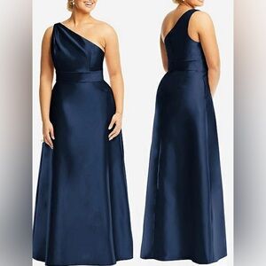 NEW ALFRED SUNG D815 DRAPED ONE-SHOULDER SATIN MAXI DRESS POCKETS NAVY sz 14